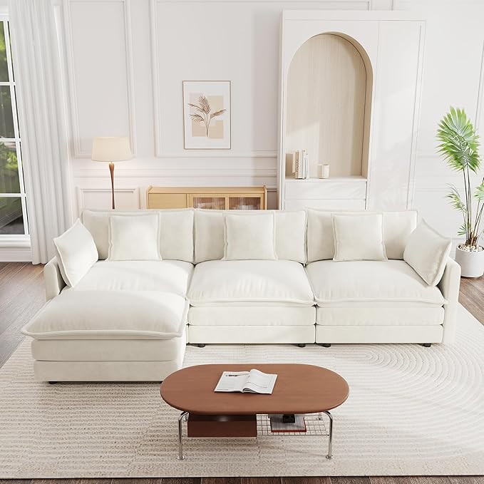 mikibama Modular Sectional Sofa, 111.5 Inch L Shaped Couch Set for Living Room, 3-Seater Comfy Cloud Couches with Movable Ottoman, DIY Combination, Chenille, Beige