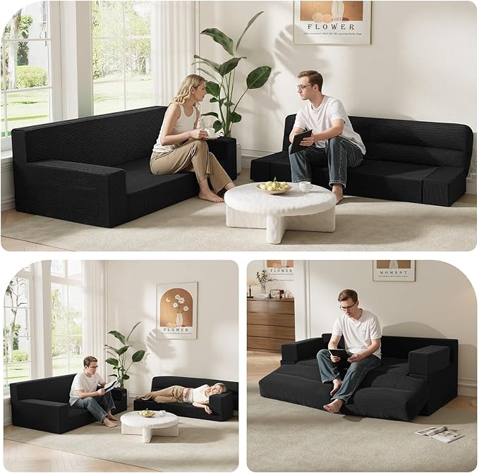 MeMoreCool Boneless Couch Convertible Sofa Bed Queen, Corduroy Futon Couch Sleeper Sofa, Boneless Loveseat Pull Out Couch Bed, Fold Out Floor Sofa for Living Room Bedroom Apartment, Black