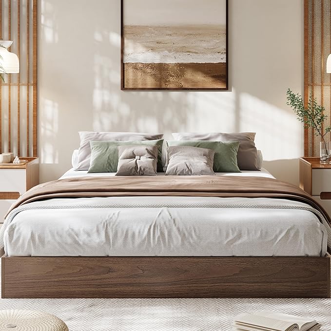 Wood Platform Bed with Sturdy Wooden Slats, King Size Floor-Standing Bed Frame, Modern Minimalist Design Bed Frame, No Box Spring Needed, Easy Assembly