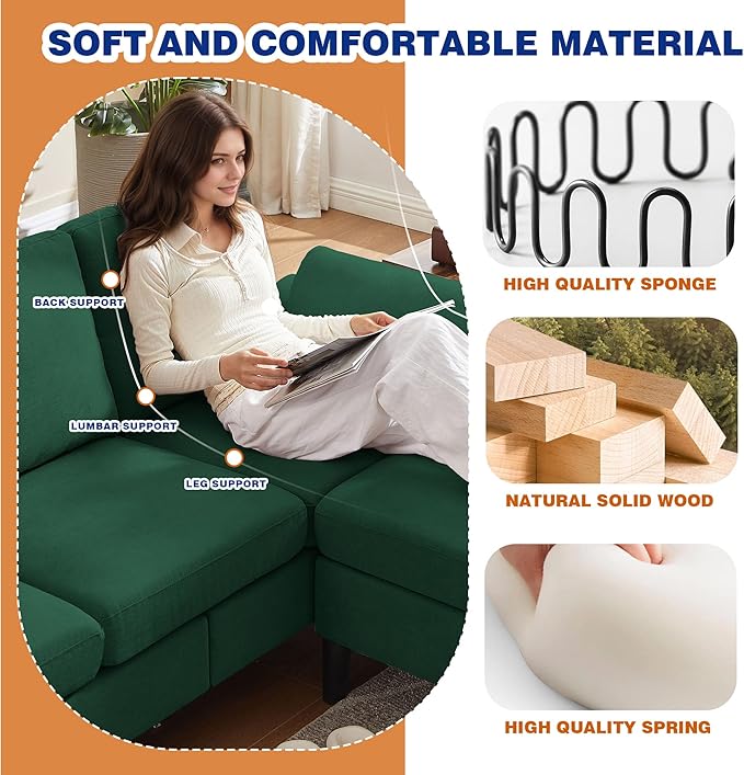 3 Piece Convertible Sectional Sofa Set, Modern Linen Small L Shaped Couch with Reversible Ottoman and Accent Chair, 3-Seat Sofa Couches for Living Room, Office, Apartment, Green