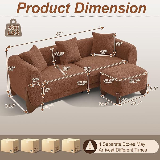 87" Sherpa Boucle Cloud Couch with Ottoman, Modern 3 Seater Sofa with Solid Wood Legs 25" Extra Deep Seat Comfy Thick Cushion Upholstered Sofa Couches with 3 Pillows for Living Room, Caramel