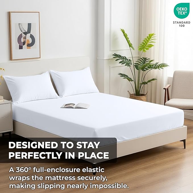 Royale Linens 100% Organic Cotton 2 Pack Fitted Sheet - Percale Weave - Super Soft Deep Pocket Bottom Sheets - White Elastic Sheet Twin XL Size - Twin XL Fitted Sheets Only - (39"x80"+15", White)