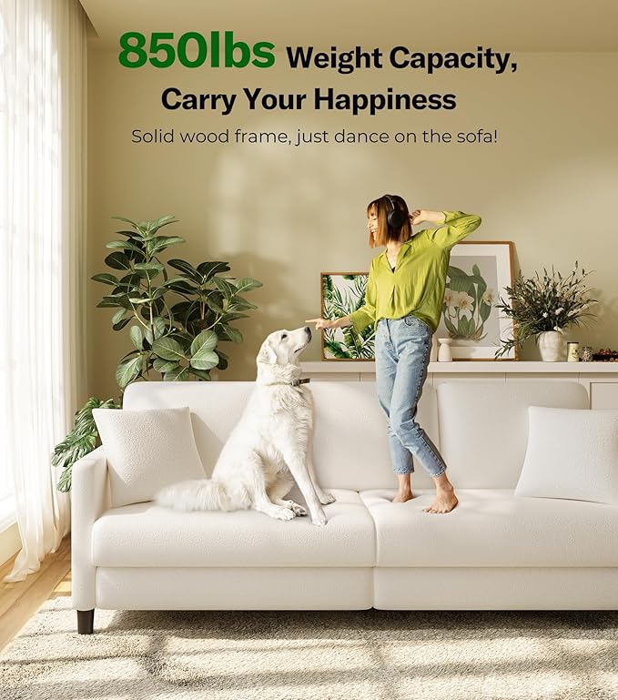 83" Couches for Living Room, Comfy Sofas for Living Room, Teddy Sofa Couch, Tool-Free Setup Loveseat Sofa, All-Wood Love Seat Couches, Small Couch 2 Pillows Included, Cream White