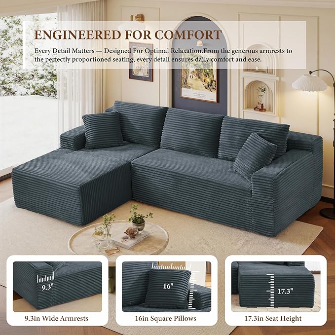 96" Sectional Couches for Living Room Cloud Couch Sofa with L-Shape Upholstered Boneless Couchs Modern Modular Sectional Couch with Chaise (Dark Grey, 95" W+Left Facing Chaise+2Seaters)