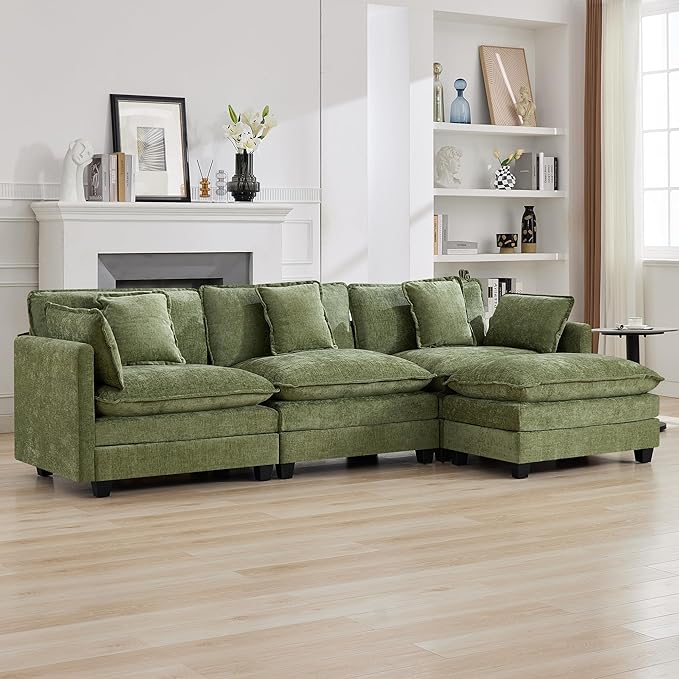111'' Cloud Deep Seat Sectional Couch, Modern Comfy Chenille L Shaped Sectional Sofa with Movable Ottoman, Upholstered Modular 4-Seater Sofa Couch for Living Room, Green