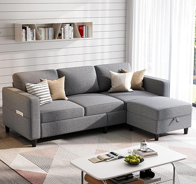 Sectional Sofas Couches for Living Room 78" L-Shaped Couch - Modern Linen Grey Sofa with Storage Ottoman for Apartments, Studios & Home Offices, Small Space