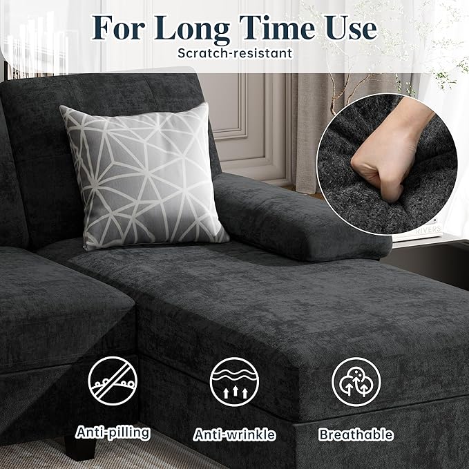 Meilocar Sectional Couches for Living Room, 106 in U Shaped Couch Soft Sectional Sofa with Double Chaise, Comfortable 4 Seat Sofa Couch (Black)