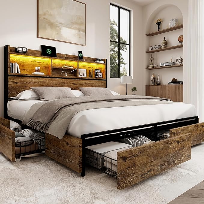 BRELTAM King Storage Bed Frame with 6 Drawers, USB Charging Station, No Noise, No Box Spring Required, Vintage Brown Headboard Platform Bed
