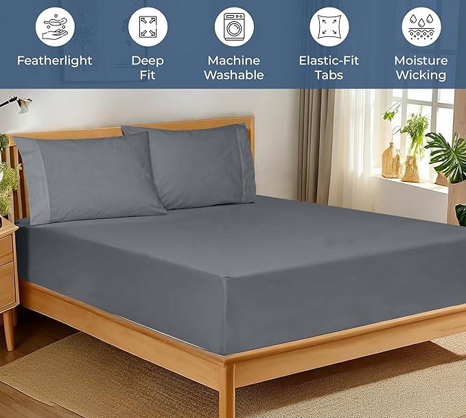 Royale Linens 100% Organic Cotton Fitted Sheet - Percale Weave - Super Soft Deep Pocket Bottom Sheets - Grey Elastic Sheet Twin XL Size - Twin XL Fitted Sheets Only - (39"x80"+15", Grey)