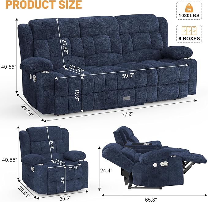 Loveseat Recliner Sofa Set, Flip Middle Backrest Design 3 Seater Reclining Sofa and Single Oversized Recliner Chair, Manual Couches for Living Room/RV (Blue, 3+1)