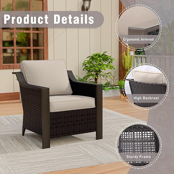 5 Piece Wicker Patio Conversation Set, All-Weather Use Outdoor 2 PE Rattan Chair, 2 Ottoman, 1 Patio Sofa, Removable Water-Resistant Cushion, Ideal for Porch, Backyard, Balcony, Poolside, Beige