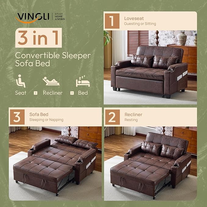 VINGLI Rustic Futon Sofa Bed Convertible Loveseat Sleeper Sofa Couch, Pullout Sofa Fold Out Couch Bed with USB Ports, Cup Holders, Armrest for Living Room, Bedroom Apartment Room | Loveseat Sleeper