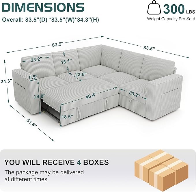 83.5" Sectional Sleeper Sofa with Pull Out Couch, Modern 5 Seat L Shaped Modular Couch, Sectionals Modular Sofa with Storage, Comfy Corduroy Couches Sectional for Living Room, Light Gray