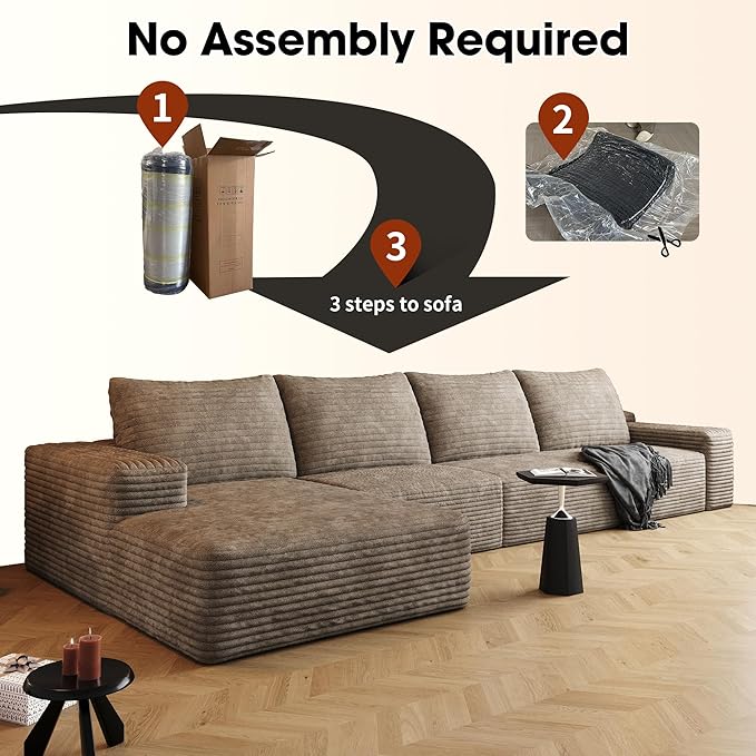 136" Sectional Couches for Living Room Cloud Couch Sofa with L-Shape Upholstered Boneless Couchs Modern Modular Sectional Couch with Chaise (Camel, 136" Left Facing Chaise+3Seaters)