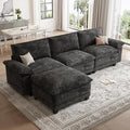 Modern L Shaped Sofa Couches for Living Room, Modular Sectional Cloud Couch with Movable Ottoman, Comfy Chenille Sofa for Apartment and Small Space, Black