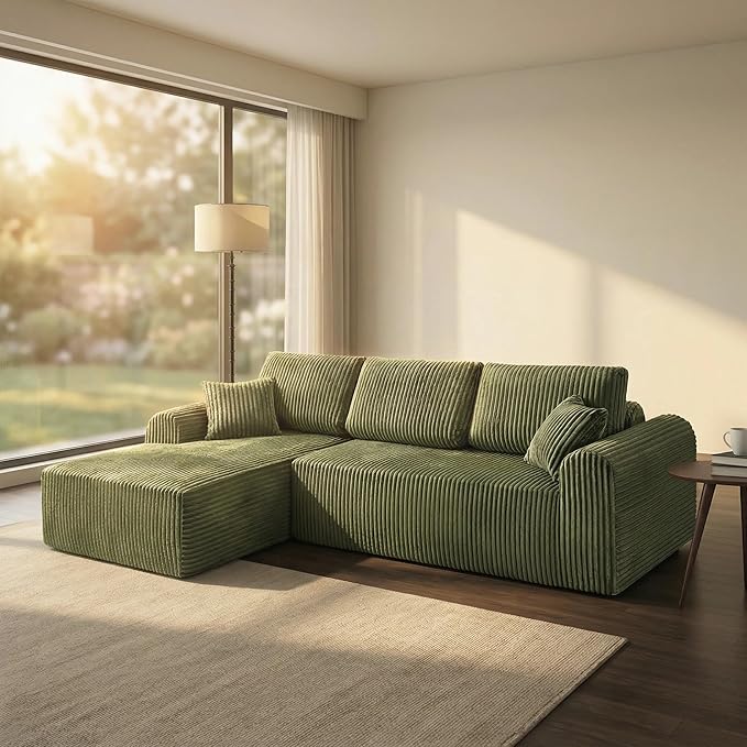 109“L-Shaped Sectional Sofa Boneless Couch Upholstery Cloud Modular Couch with Chaise No Assembly Required Corduroy Fabric Combination Deep Seat Living Room Bedroom(Green, Left Hand Facing)