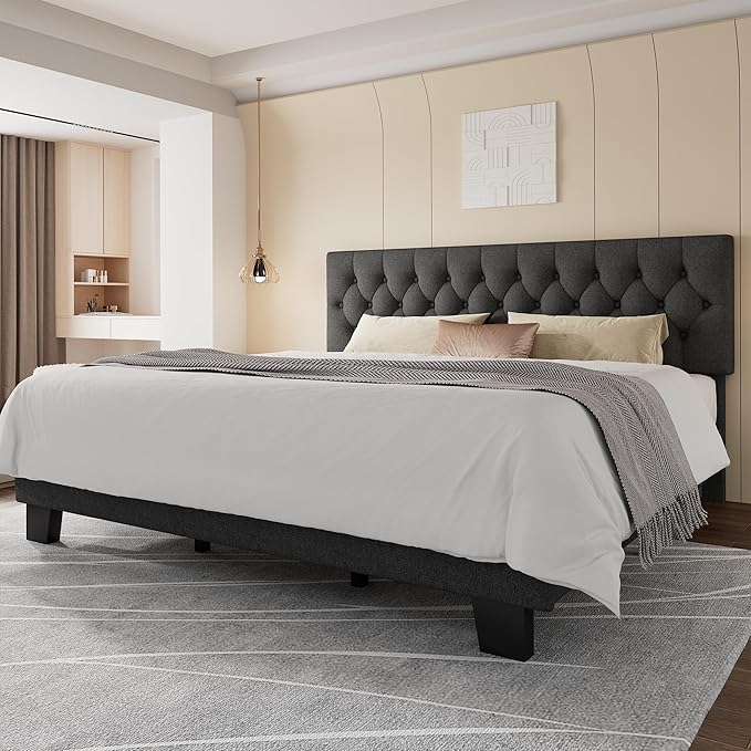 Feonase King Size Bed Frame, Upholstered Bed Platform with Button Tufted Headboard, Heavy Duty Wooden Slats & Thickened Feet, No Box Spring Needed, Noise-Free, Easy Assembly, Dark Grey
