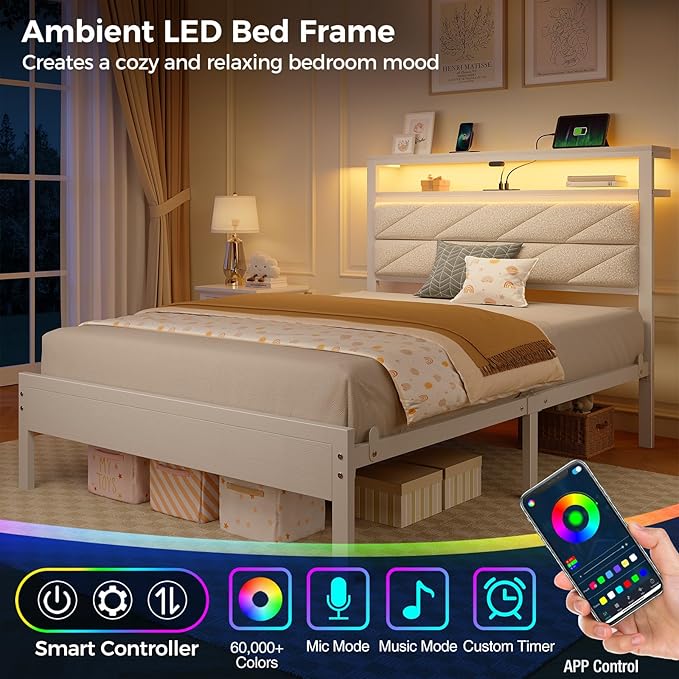 Seventable Bed Frame Twin Size with Charging Station, LED Bed with Upholstered Storage Headboard, Metal Platform Bed with Under Bed Storage, No Box Spring Needed, Noise Free, Easy Assembly, White