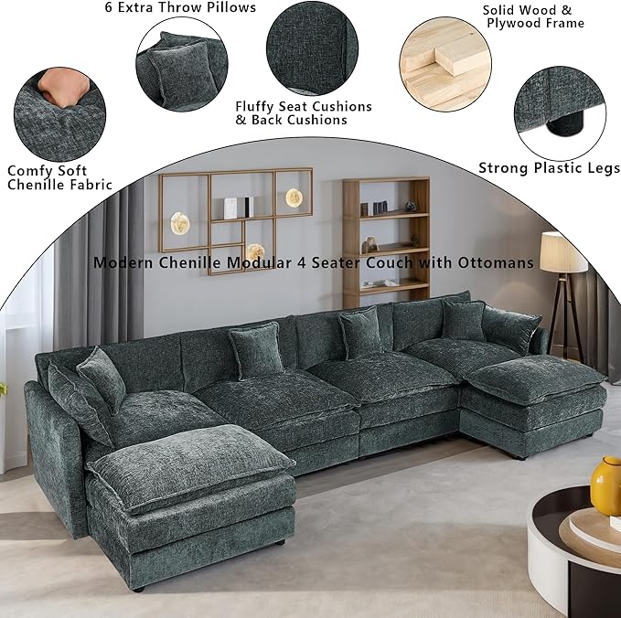 Setawix Deep 4 Seater Couch with Ottomans,147.22" U-Shaped Cloud Couches for Living Room,Chenille Cloud Sofa Couch with Foorest,Modular Sectional U Shape 4 Seat Sofa for Bedroom (Grey, 4+2)