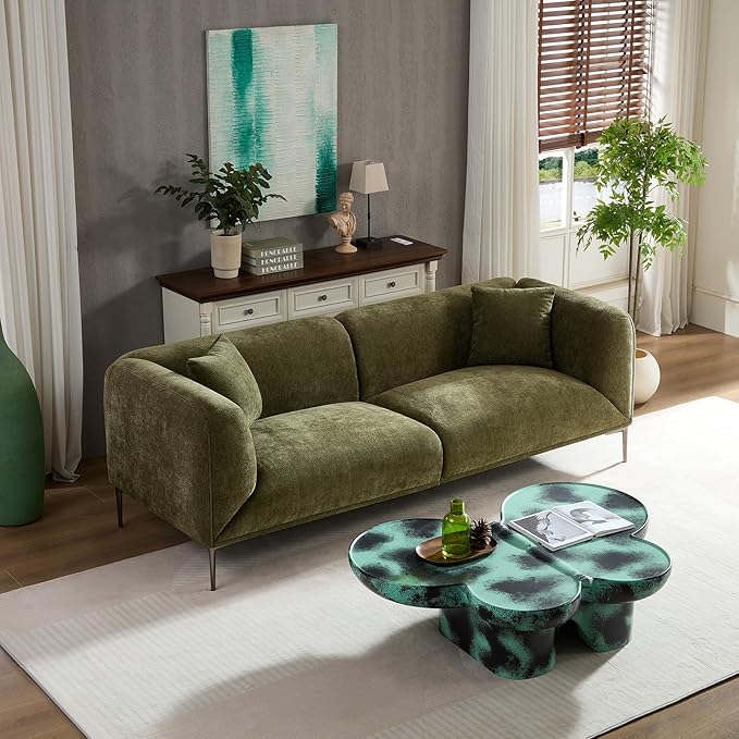 MEETAKING 82.68" Modern Sofa, 3-Seater Deep Seats Tuxedo Couch, Boucle Sofas with 2 Pillows, Minimalist Couches Straight with Metal Legs, High Armrests for Living Room,Bedroom,Home Office(Green)