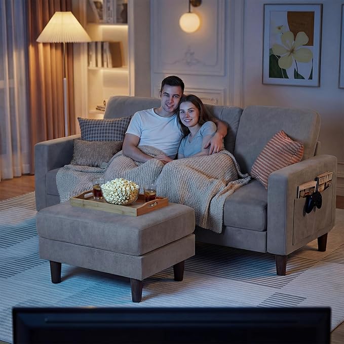 YESHOMY L-Shaped Sofa Couch, Small Couch with Reversible Chaise and Ottoman, Convertible Sectional Comfy 3 Seat Sofas with Side Pockets for Apartment and Living Room (Light Gray)