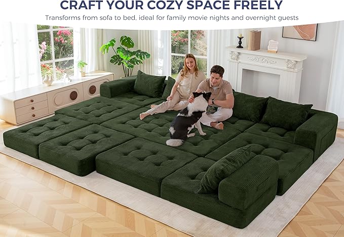 MAXYOYO Modular Sectional Sofa Couch, Foldable U Shaped Cloud Couch with Pillows, Tufted 7-Seat Boneless Sleeper Lounger Floor Sofa Bed for Living Room, No Assembly Required, Dark Green