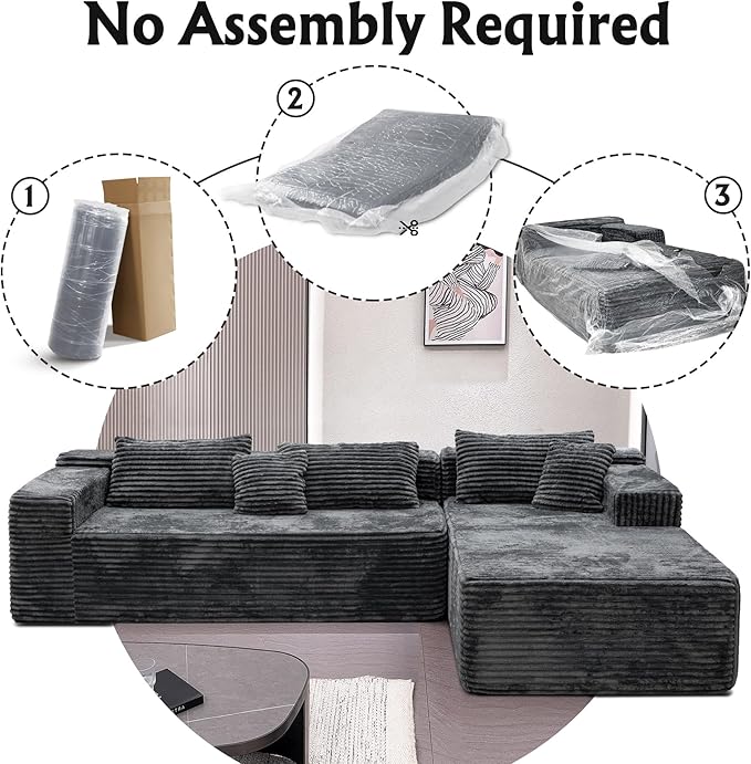 Boneless Modular Sectional Sofa, Cloud Couch with Right Facing Chaise, Oversized Deep Seat, L-Shaped, Soft Corduroy Fabric, Sectional Couch for Living Room -Grey