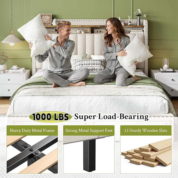 EnHomee Queen Size Bed Frame, Upholstered Queen Bed Frame with 2 Storage Drawers and 2-Tier Headboard, Vertical Tufted Headboard Design, Extra Storage Space for Bedroom Apartment, Beige