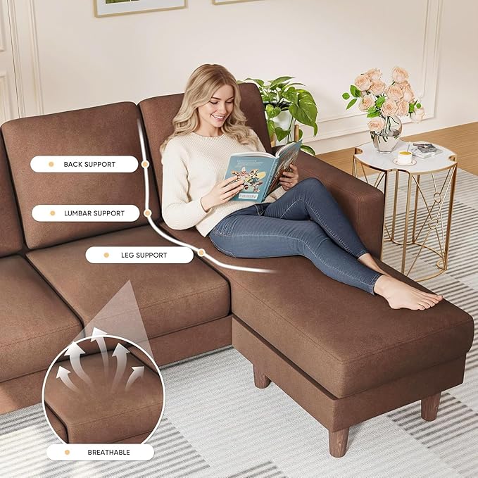 Homall Convertible Sectional Sofa 3 Seat L Shaped Couch with Side Storage Pocket, Sofas with Movable Ottoman, Small Linen Couches for Living Room & Apartment (Linen Fabric, Brown)