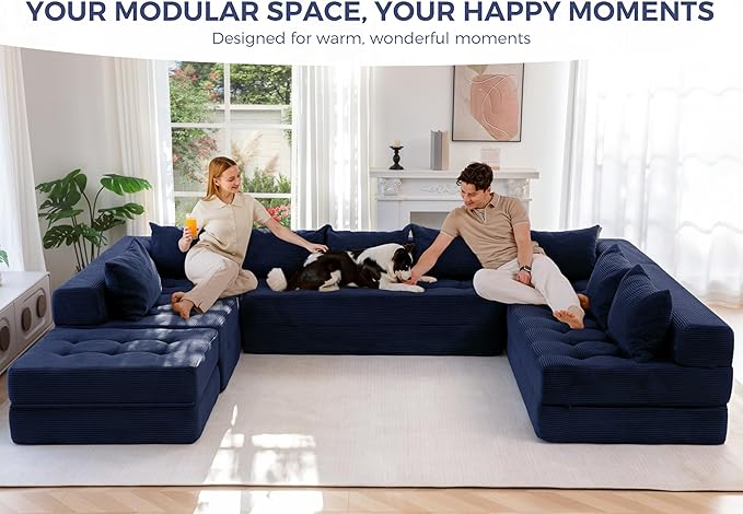 MAXYOYO Modular Sectional Sofa Couch, Foldable Oversized U Shaped Cloud Couch with Pillows, Tufted Boneless Sleeper Lounger Floor Sofa Bed for Living Room, No Assembly Required, Navy