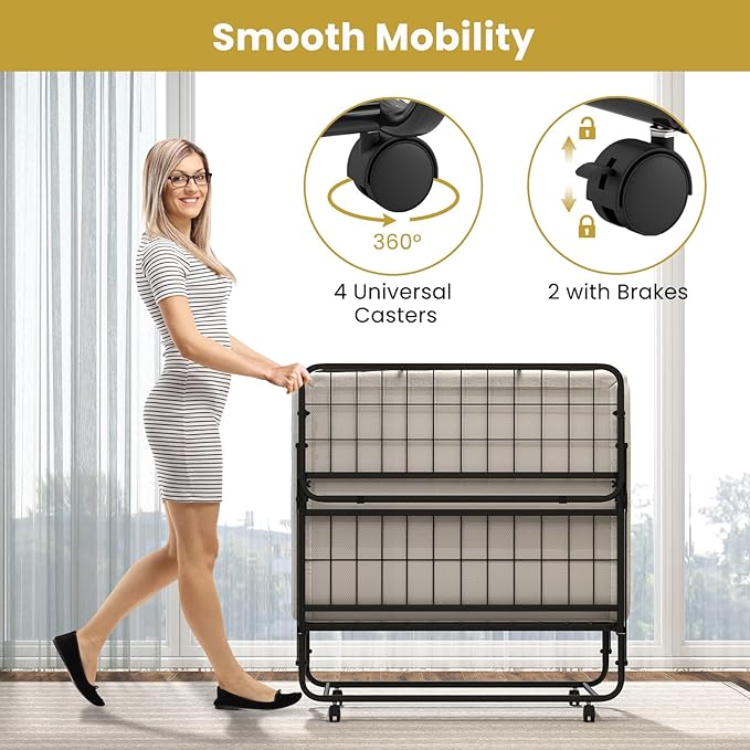 Giantex Twin Folding Bed with Mattress, Roll Away Portable Guest Bed w/Sturdy Metal Frame, Space-Saving Rollaway Bed with Memory Foam Mattress for Adults, 75" x 38"