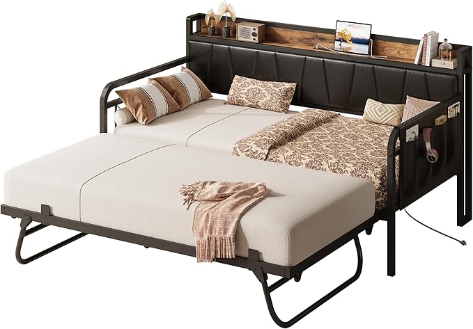 LIKIMIO Daybed with Trundle Bed, Twin Bed Frame with Storage Headboard and Charging Station, Sofa Day Bed with Strong Supports for Living Room, Bedroom, and Guest Room, Black