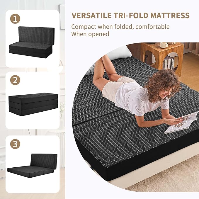 CYMULA Folding Mattress Queen Size, Memory Foam 6 inch Tri Portable Trifold Mattress Futon Topper Queen with Breathable & Washable Cover, Murphy Bed Guest Bed,Black (58"x75"x6")