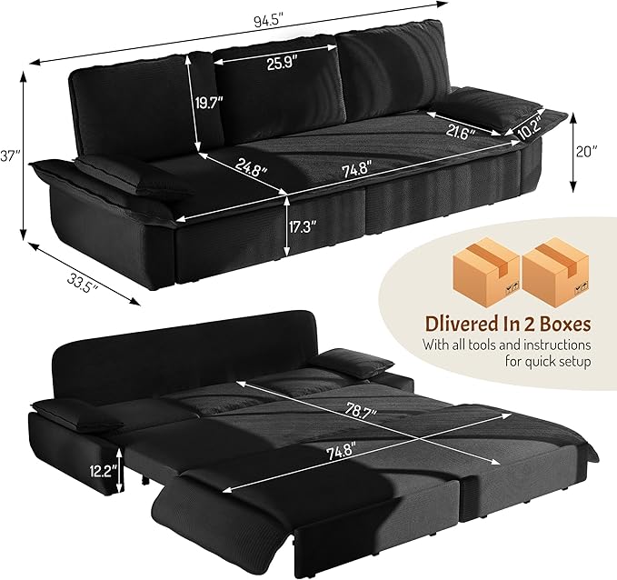 KEIKI 94.5" King Pull-Out Sofa Bed, 3-in-1 Convertible Couch with Reclining Comfort, Soft Corduroy Cloud Seating for Movie Nights, Game Rooms & Large Living Spaces