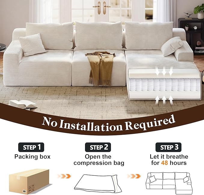 97" L-Shaped Cloud Corduroy Sofa with Right Chaise, Modular Sectional Couch, Flexible Combination Couches for Living Room, Bedroom, No Assembly Required (White)