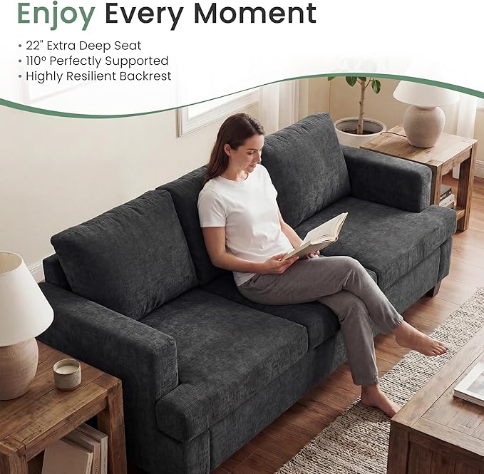 YOUDENOVA 2 Piece Set Comfy Sofa Couch, 2 3-Seater Sofa with Deep Seats, Modern Sleeper Couch for Living Room, Dark Grey Chenille