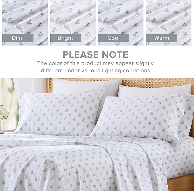 Comfort Spaces 100% Cotton Sheets Full, Breathable, Naturally Cool Cotton Sheets, Soft Cotton Bed Sheets with 14" Elastic Pocket Fits up to 16" Mattress, All Seasons Sheet Set, Floral Blue 4 Piece