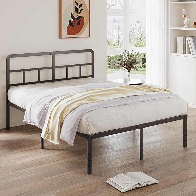 DiaOutro 16 Inch Queen Bed Frame with Headboard No Box Spring Needed, Heavy Duty Metal Queen Size Platform with Steel Slat, Mattress Foundation, Easy Assembly, No Noise, Black