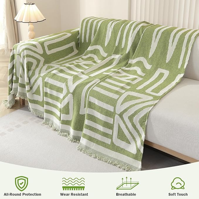 OstepDecor Boho Sectional Couch Covers 2 Pieces, L Shaped Sofa Cover, Chenille Couch Cover for Dogs Washable, Couch Cover Blanket, Sofa Slipcover for 2-3 Cushion Couch (71"x110"+71"x118", Green)