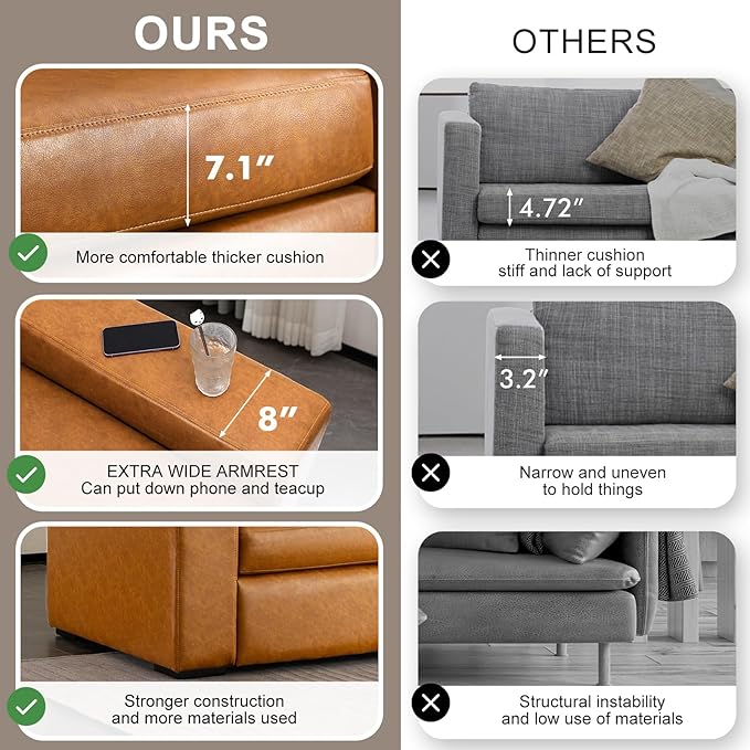 ELUCHANG 85" Faux Leather Couch, 2 Piece Mid-Century Modern Loveseat Sofa with Extra Deep Seat, Upholstered Cushion&Solid Wooden Frame, Comfy Couch for Living Room, Brown