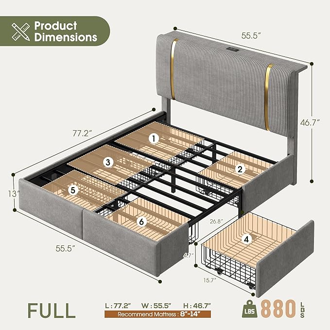 Homkdom Full Size Bed Frame with Headboard & 6 Storage Drawers,Soft Upholstered Bed Frame Full with LED Light & Charging Station,1200-LB Heavy Duty Metal Support,Modern,Grey
