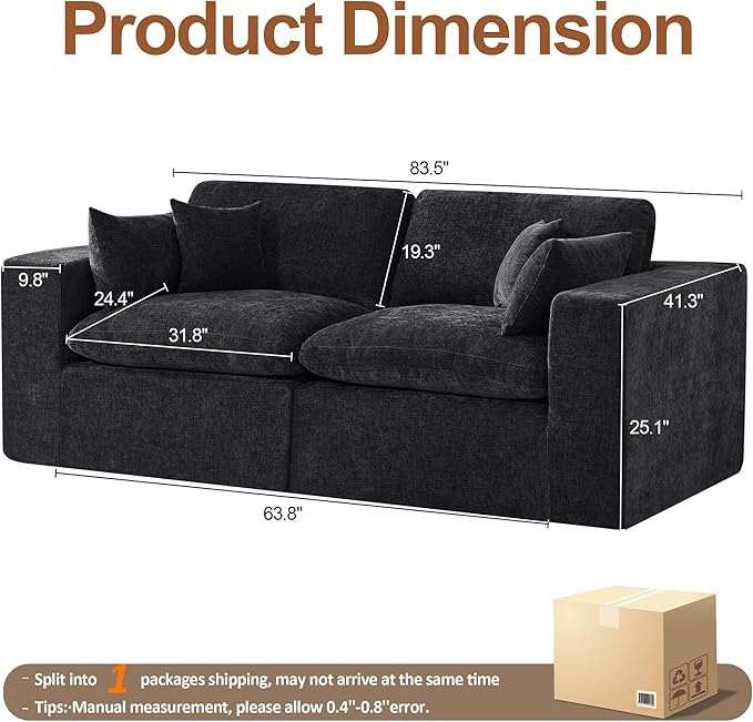 88''Cloud Boneless Sectional Couch, Modular Sectional Sofa Deep Seat, Upholstered Convertible Comfy Loveseat Chenille Memory Foam Sofa Couches for Living Room, Dark