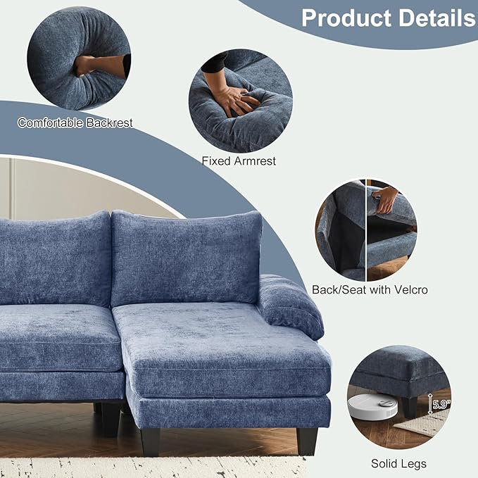 Karl home 111" Sectional Sofa U-Shaped 4-Seat Couch with Chaises Wood Grian Legs Chenille Fabric Upholstered for Living Room, Apartment, Office, Navy Blue