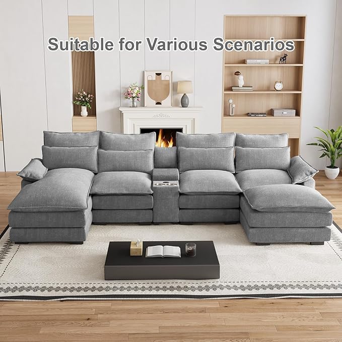 135" U Shaped Cloud Couch Sectional Modular Sectional Couches for Living Room Oversized Comfy Chenille Sofa Cloud Couch Set with Storage Central Console, USB Ports, Chaise Lounge, Ottoman, Grey
