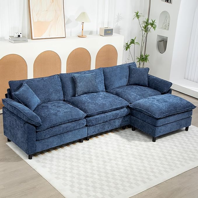 Oversized Modular Sectional Sofa, 111.8 Inch L Shaped Cloud Couch Set, 3-Seat Comfy Convertible Sofa with 1 Movable Ottoman, DIY Combination Sleeper Couch for Living Room(Chenille, Blue)