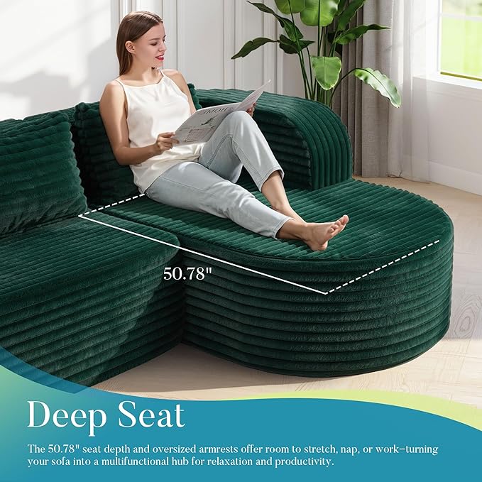 Hobestluk 96" Cloud Sectional Couch Modern Boneless Couch 3 Seater with Oversized Chaise L Shaped Modular Sofa Couches for Living Room Apartment No Assembly Required (Stripe Green,Right Facing Chaise)