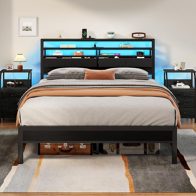Furnulem Queen Bed Frame with Headboard & 2 Fabric Drawers, Bed Frame Queen Size Featuring LED Lights, Built-in Charging Station & Storage Shelves, Metal Slats, No Box Spring Needed – Black Oak