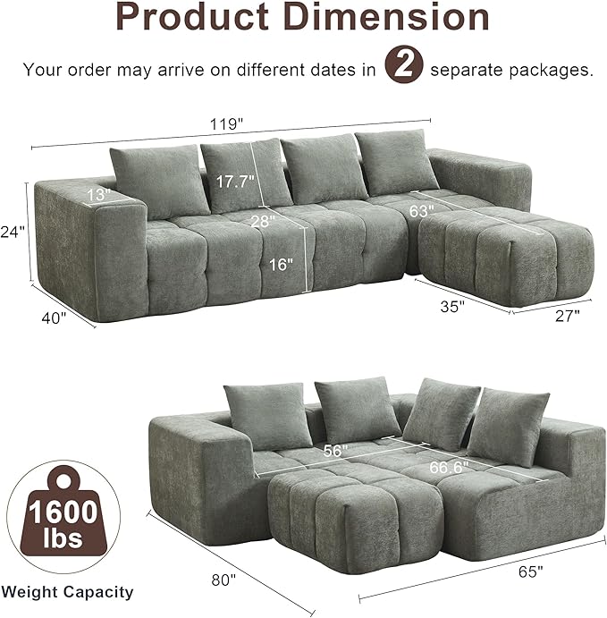 119" Boneless Couch, Cloud Sectional Couch with Deep Seat, High-Density Memory Foam and Chaise, Sectional L Shaped Sofa, Boneless Couches for Living Room, No Assembly Required Tufted Sofa, Green