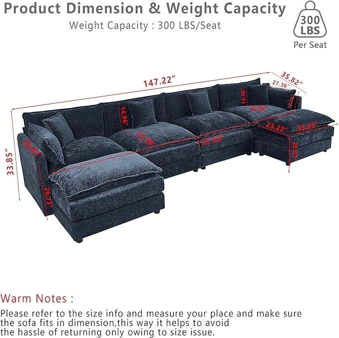Setawix Deep 4 Seater Couch with Ottomans,147.22" U-Shaped Cloud Couches for Living Room,Chenille Cloud Sofa Couch with Foorest,Modular Sectional U Shape 4 Seat Sofa for Bedroom (Blue, 4+2)