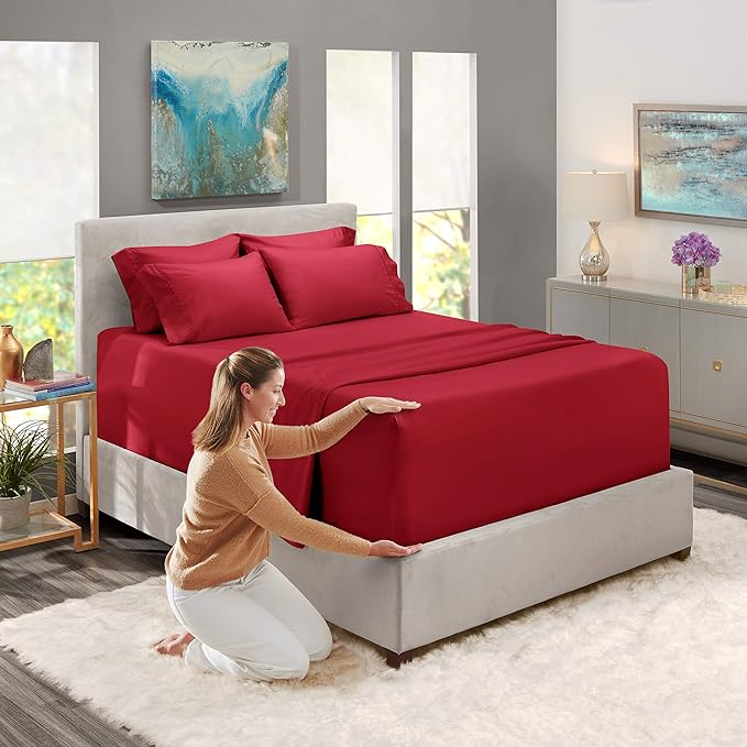 Hearth & Harbor Extra Deep Pocket Sheets - Fits Mattress 18-24 Inches Deep - Extra Deep Pocket Split King Size Sets - 7 Piece Split King Size - Burgundy
